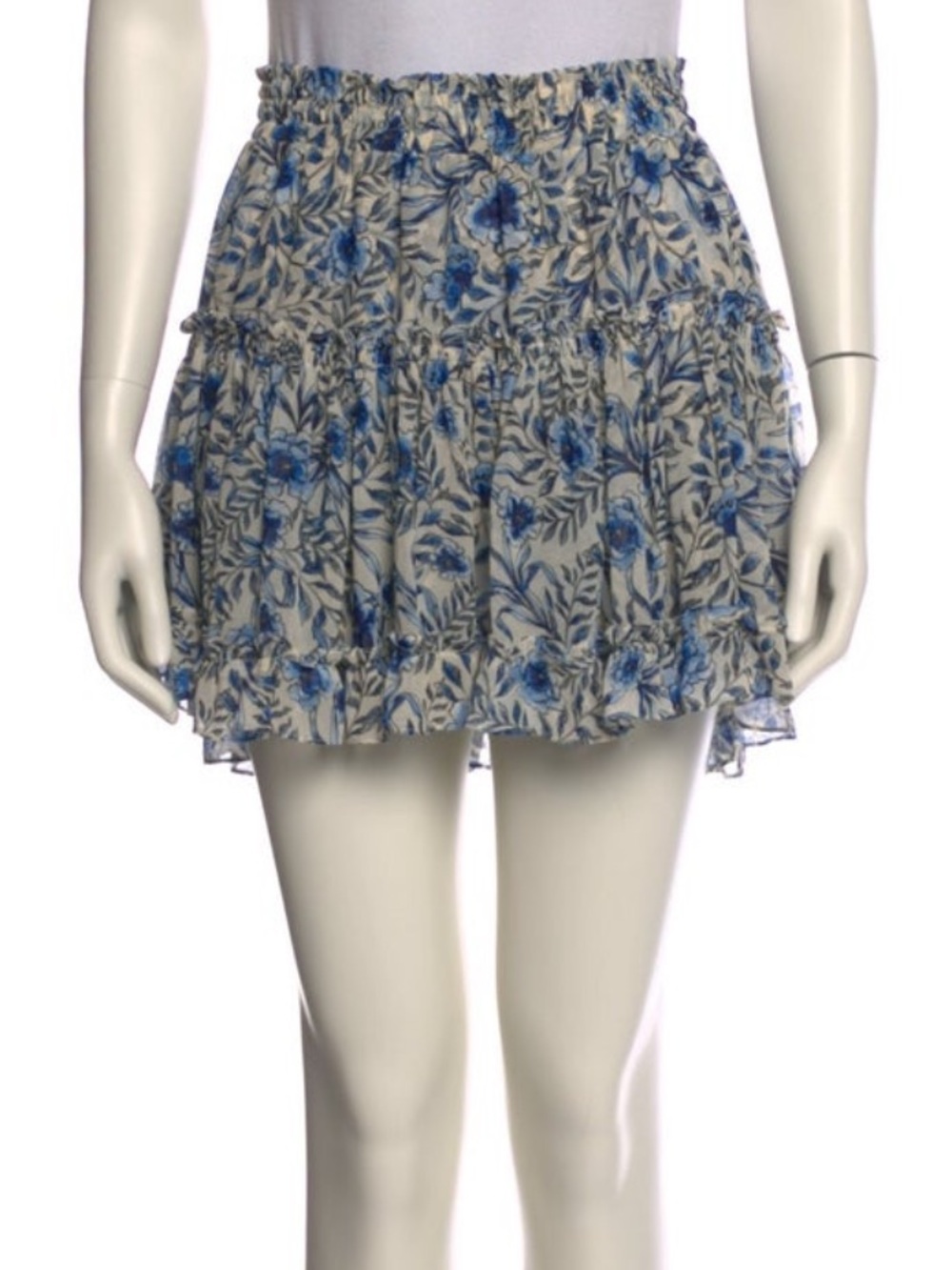 MISA Los Angeles Blue and Cream Floral Ruffled Mini Skirt